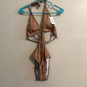Modihito tan Bikini with gold Belly Chain NWT Sz Medium Vacation Spring Break